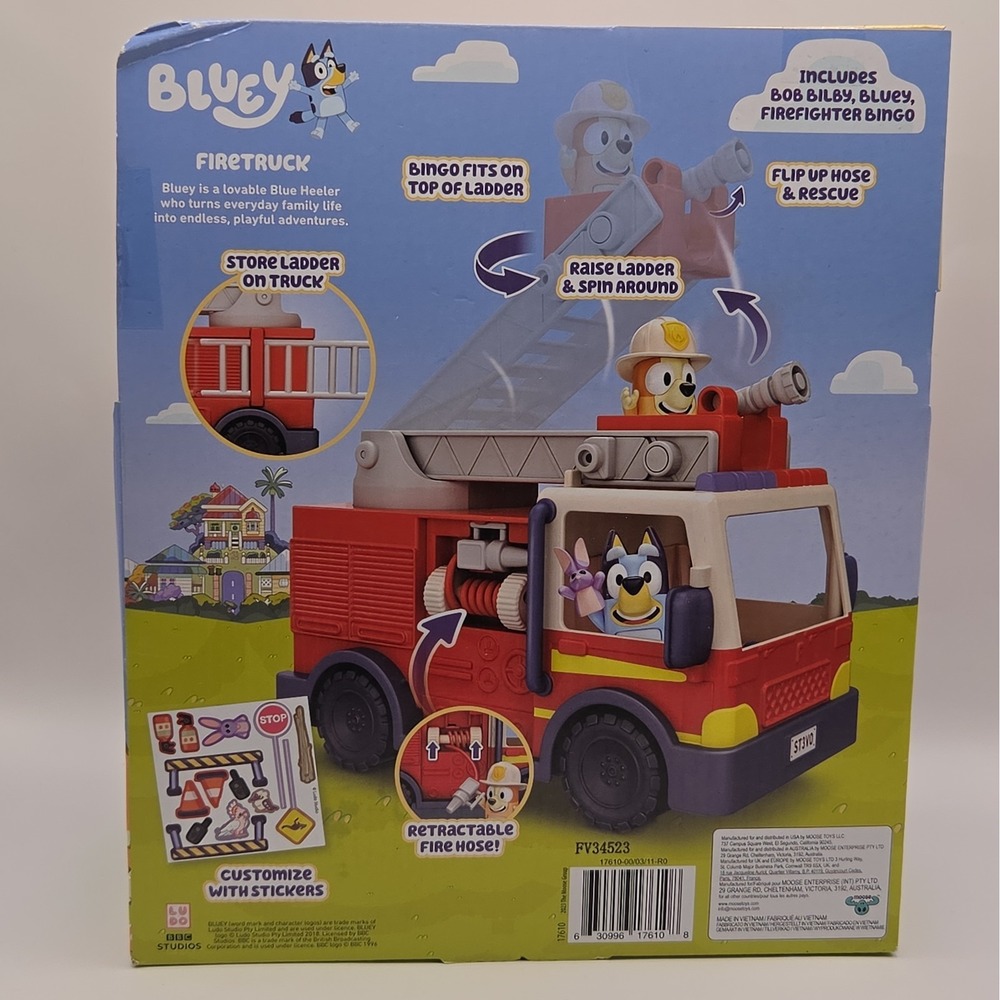 Bluey Firetruck Firefighter Bingo And Bob Bilby Bluey Figures Toy Car 3+